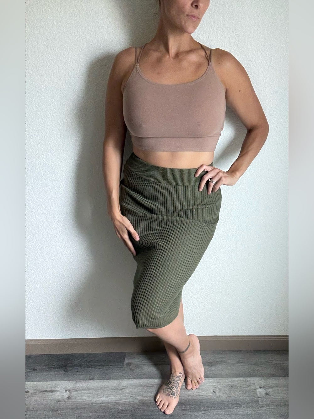 Calvin Klein Ribbed Bodycon Pull On Midi Skirt Olive Green